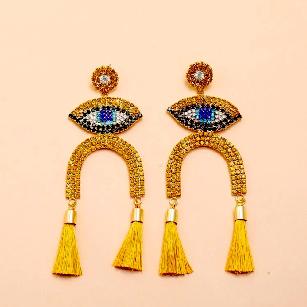 Gold Rhinestone decor tassel drop earrings, lead free